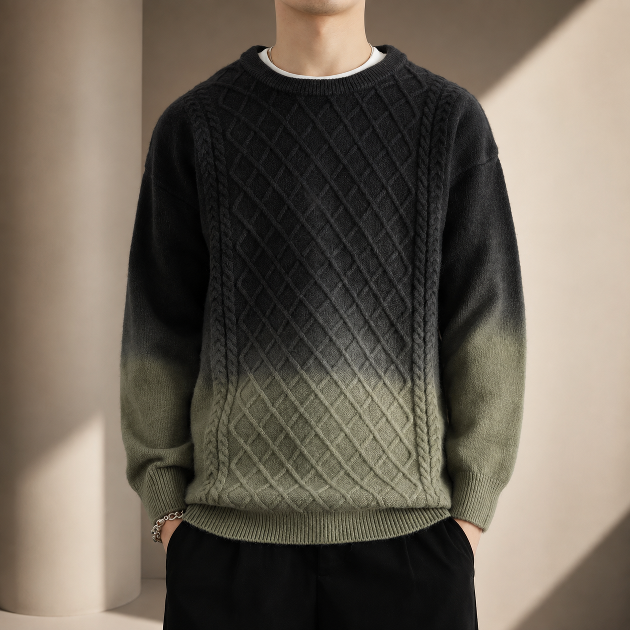 Adrian Men’s Ombre Cable Knit Crewneck Sweater