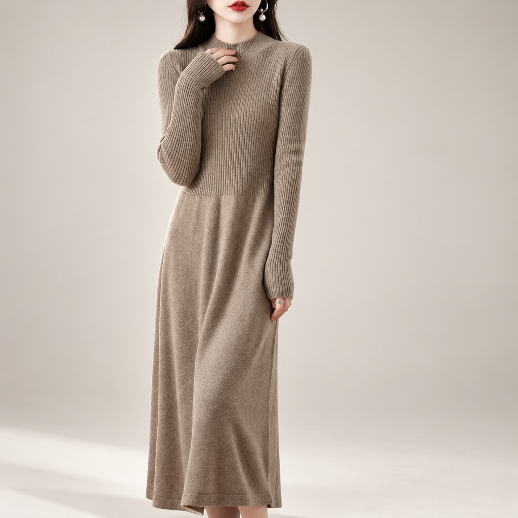 Helena Women's Mock Neck Ribbed Knit Midi Dress with Long Sleeves
