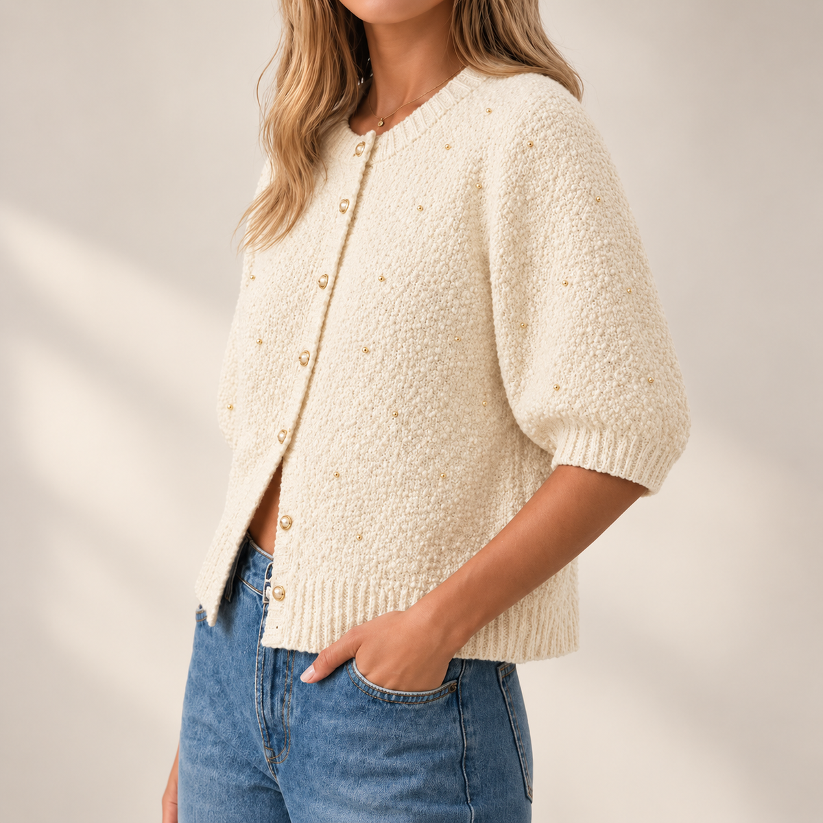 Cecilia Pearl Detail Short Sleeve Knit Cardigan