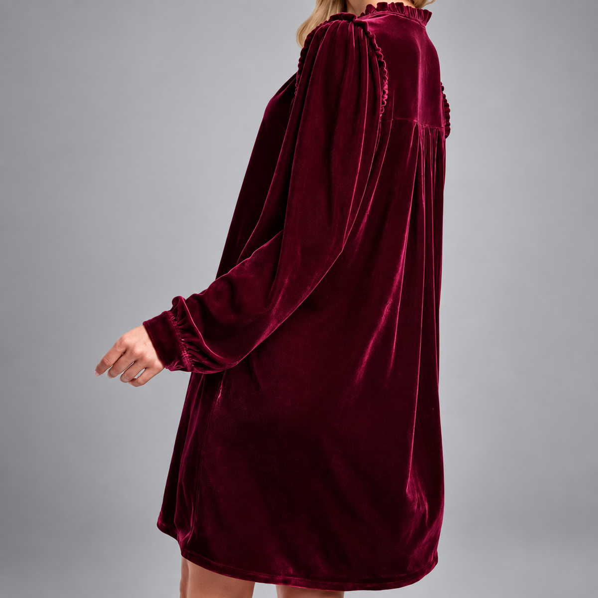 Elena Velvet Ruffle V-Neck Shift Dress