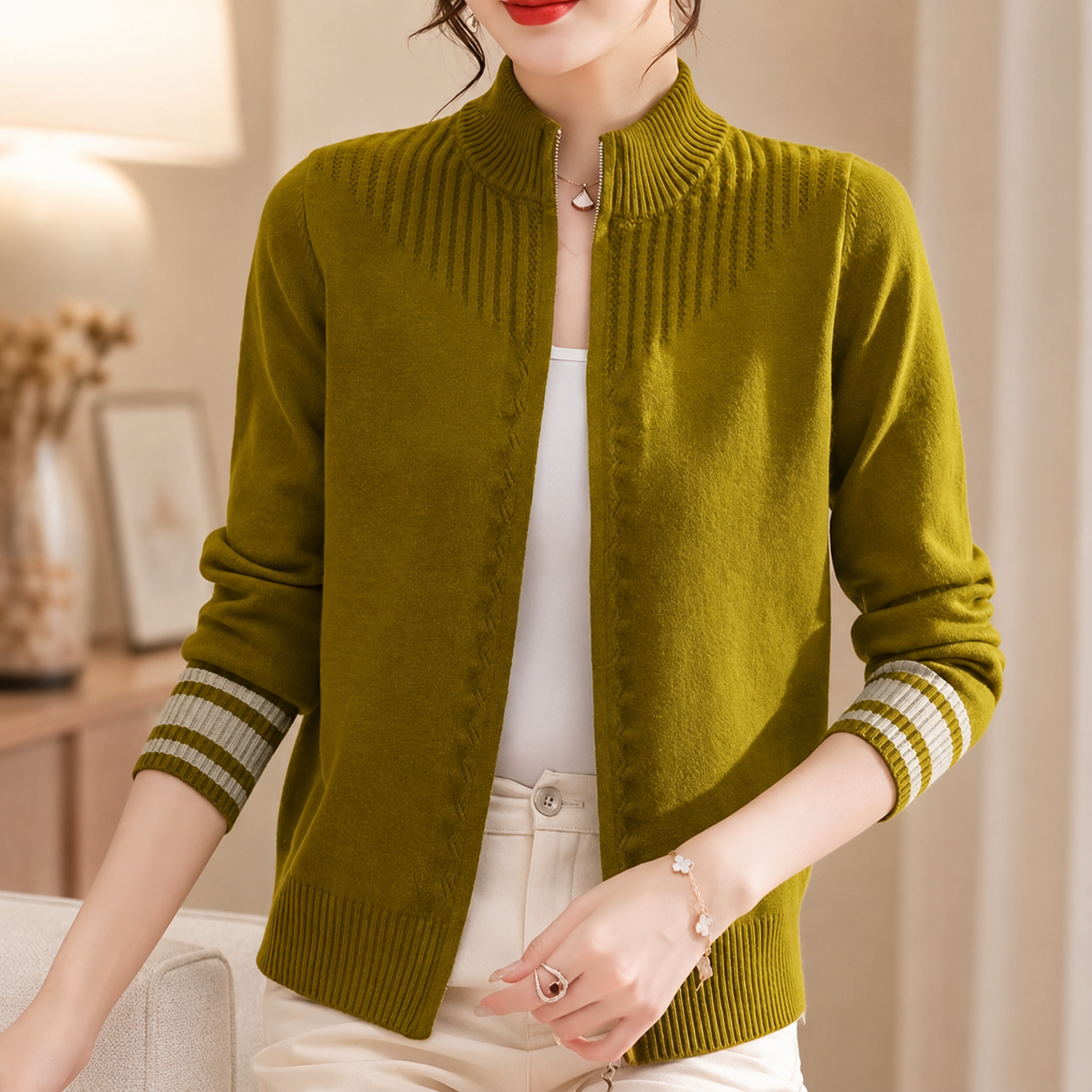 Rosalie Women’s Zip-Up Knit Cardigan with Ribbed Collar
