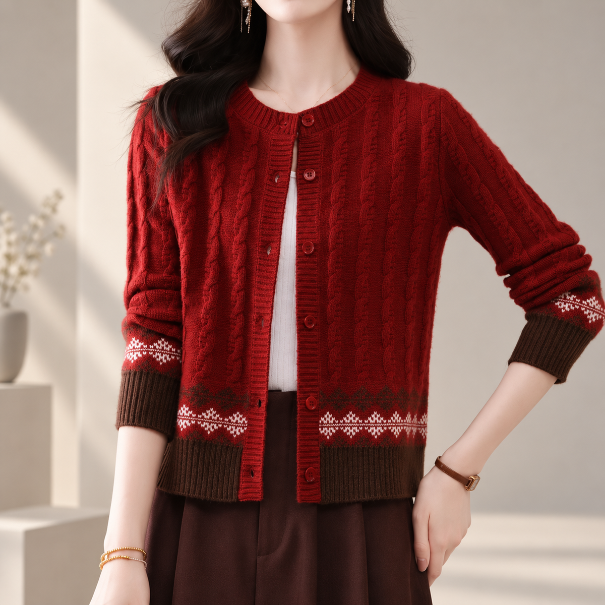 Rosalie Cable Knit Fair Isle Button Cardigan