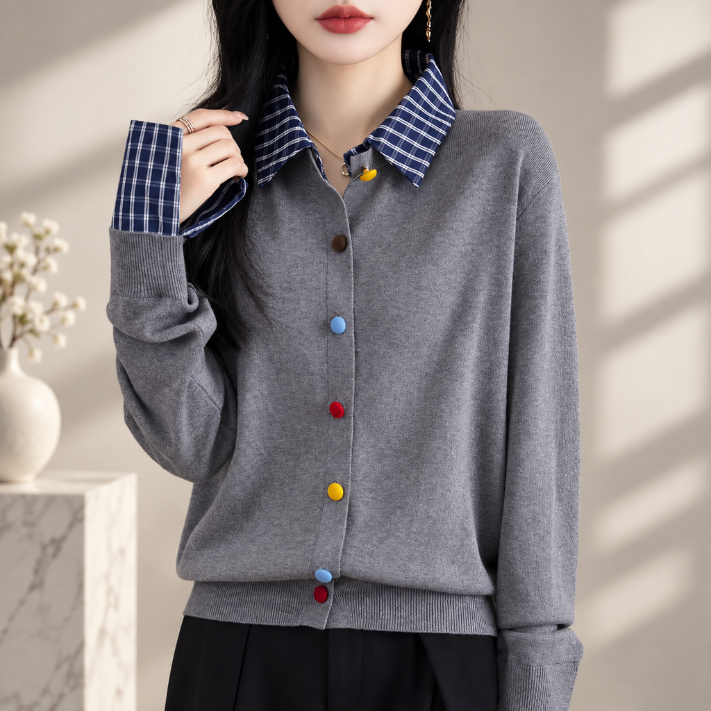 Lucienne Women's Plaid Collar Knit Cardigan with Multicolor Buttons