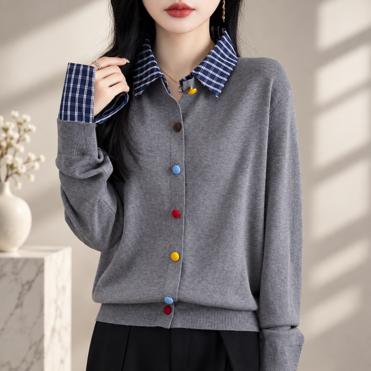 Lucienne Women's Plaid Collar Knit Cardigan with Multicolor Buttons