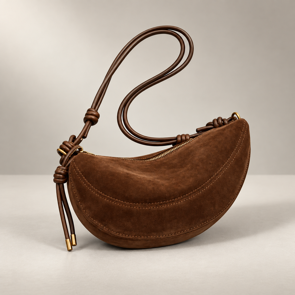 Elodie Crescent Suede-Look Crossbody Bag with Knotted Strap