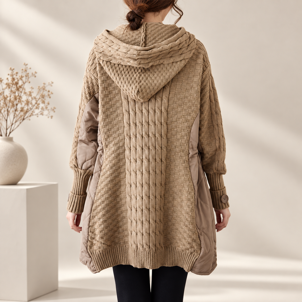 Bianca Women's Cable Knit Hooded Sweater Coat with Quilted Panels