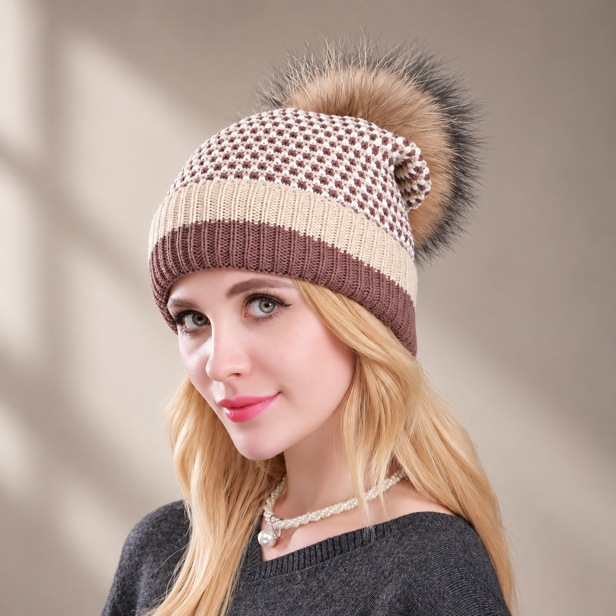 Marcella Patterned Knit Pom-Pom Beanie – Ribbed Cuff Winter Hat