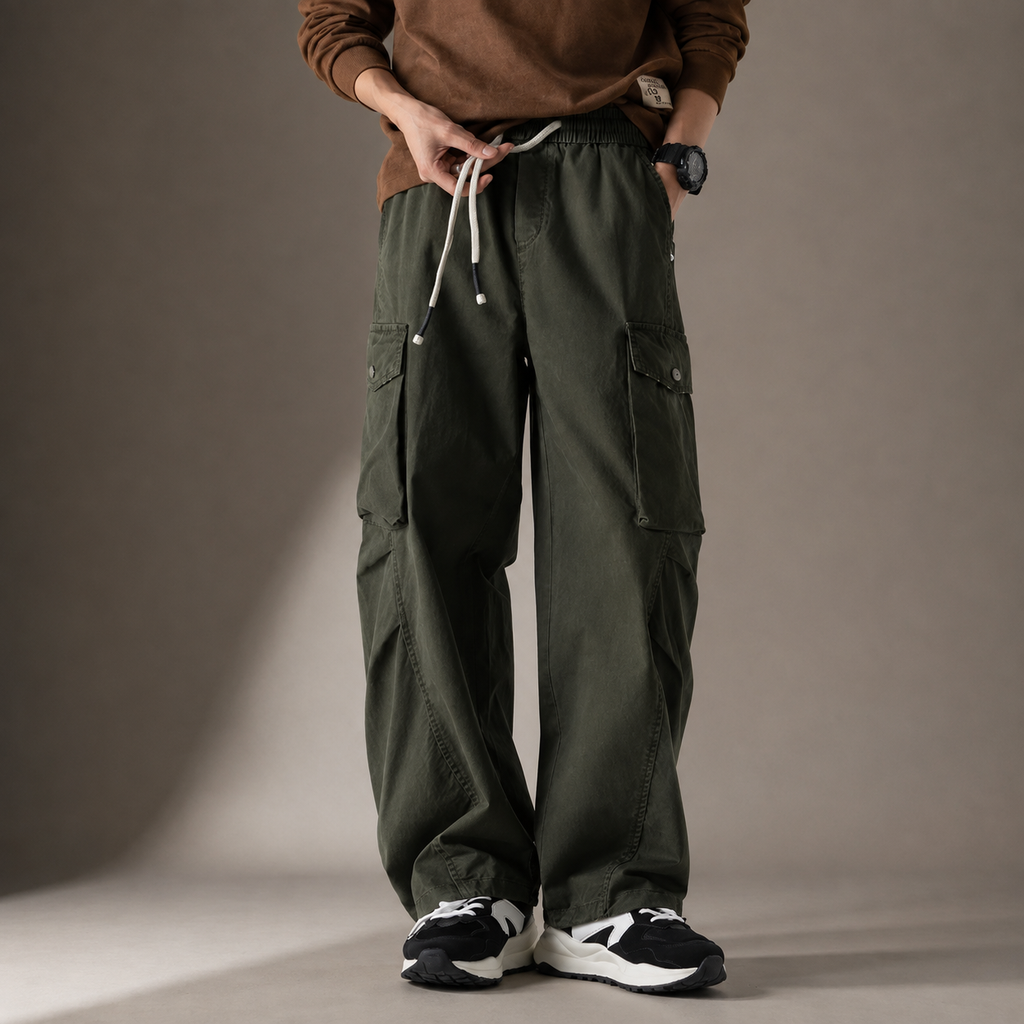 Declan Men’s Wide-Leg Cargo Pants – Drawstring Utility Trousers with Flap Pockets