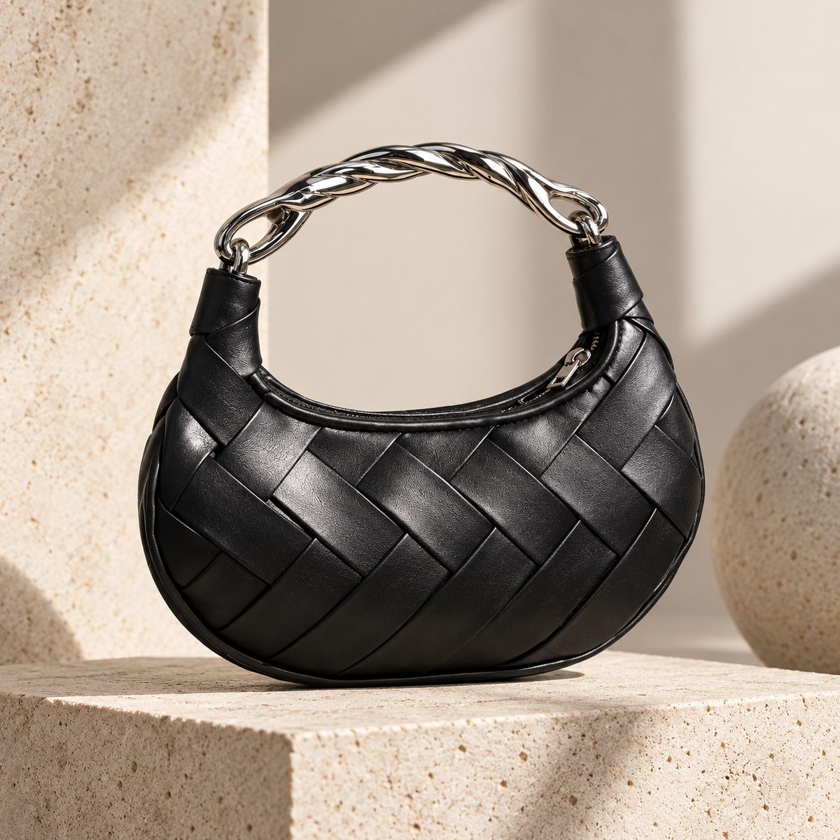 Marcelline Woven Crescent Handbag