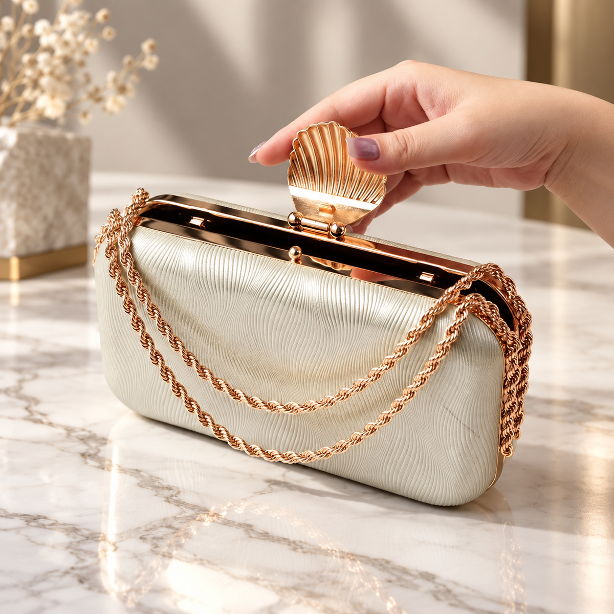 Amélie Shell Clasp Evening Clutch with Gold Chain