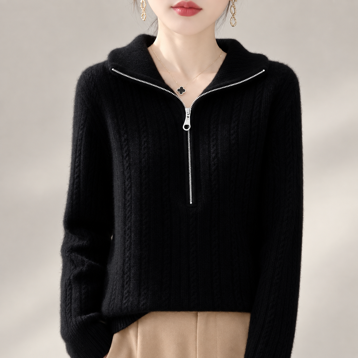 Lucienne Cable Knit Half-Zip Mock Neck Sweater