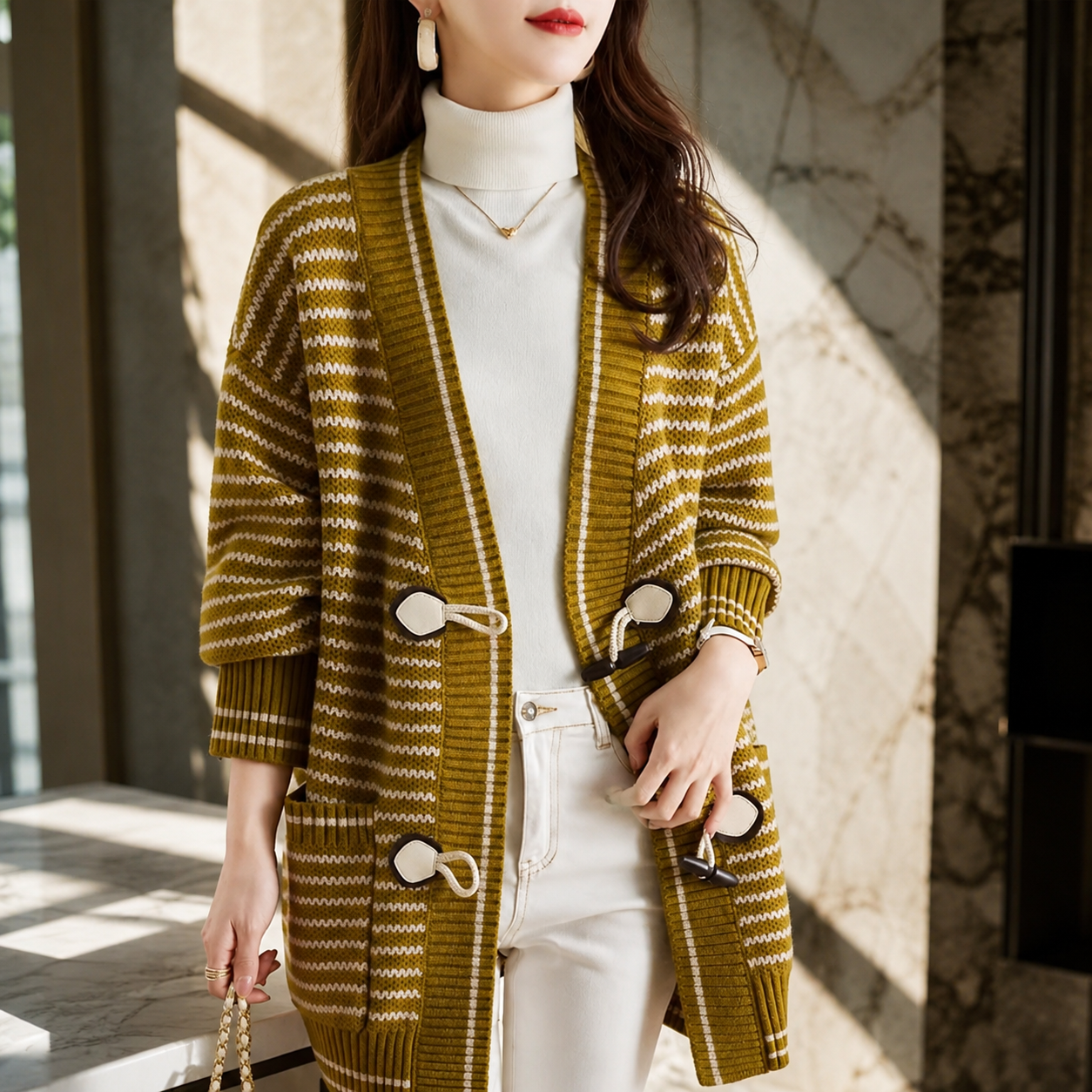 Rosalie Women's Striped Toggle-Front Chunky Knit Cardigan