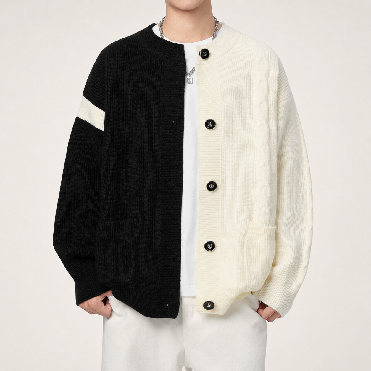Miles Two-Tone Knit Cardigan – Color-Block Button-Front Sweater