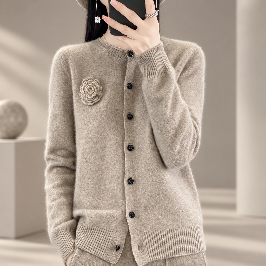 Elena Floral Appliqué Button Cardigan – Women’s Crew Neck Knit Sweater