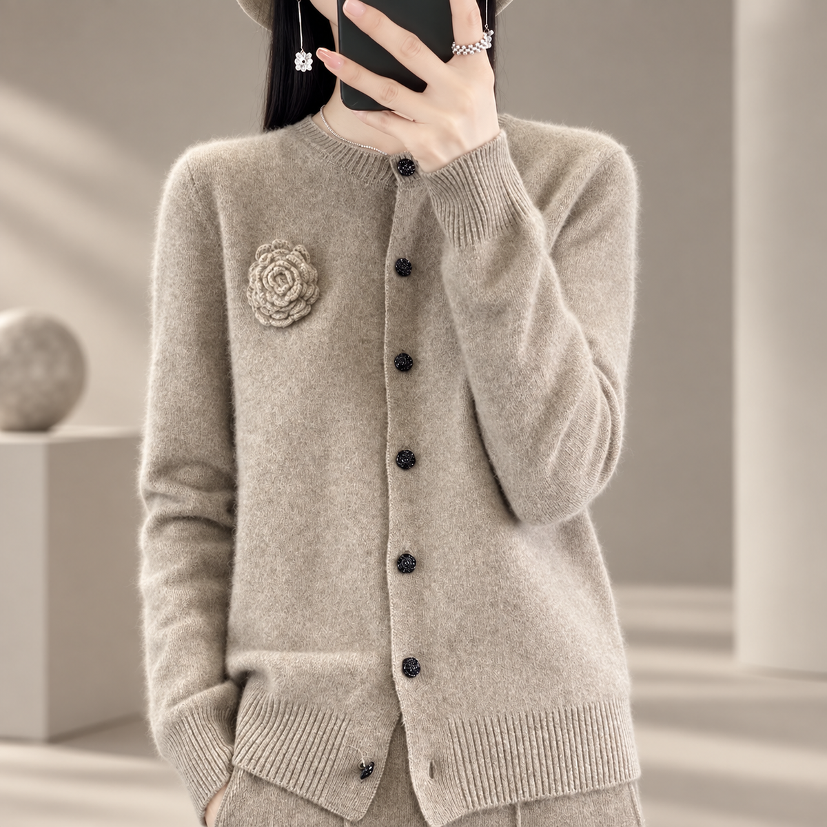 Elena Floral Appliqué Button Cardigan – Women’s Crew Neck Knit Sweater