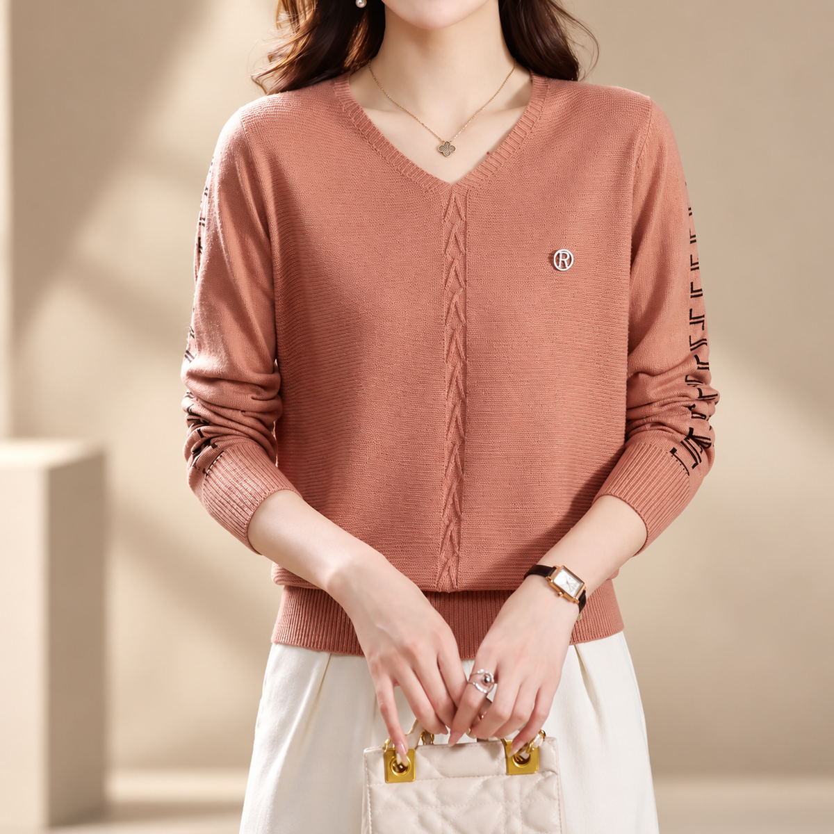 Renata Women’s V-Neck Knit Sweater – Long Sleeve Textured Pullover