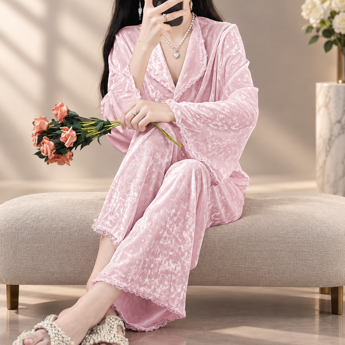 Valentina Velvet-Look Lace Trim Button-Front Pajama Set