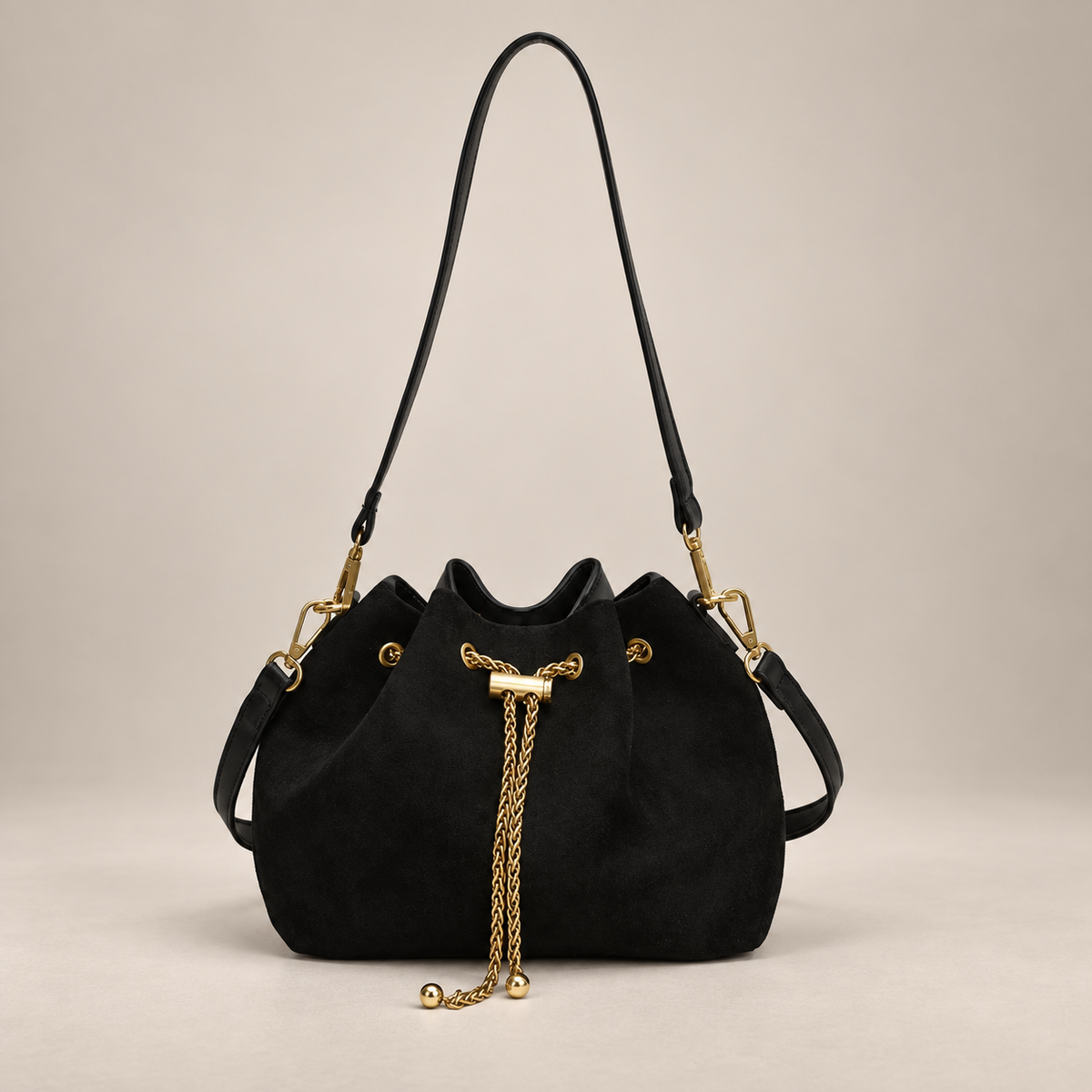 Sofia Women’s Suede-Look Drawstring Bucket Bag – Chain Detail Shoulder & Crossbody Handbag