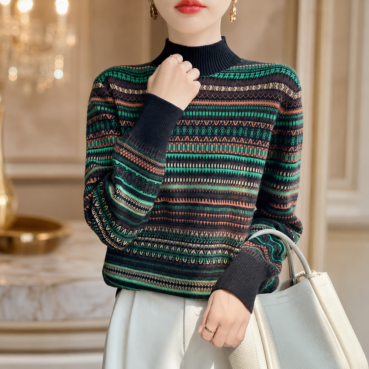 Adeline Women’s Striped Mock Neck Knit Sweater