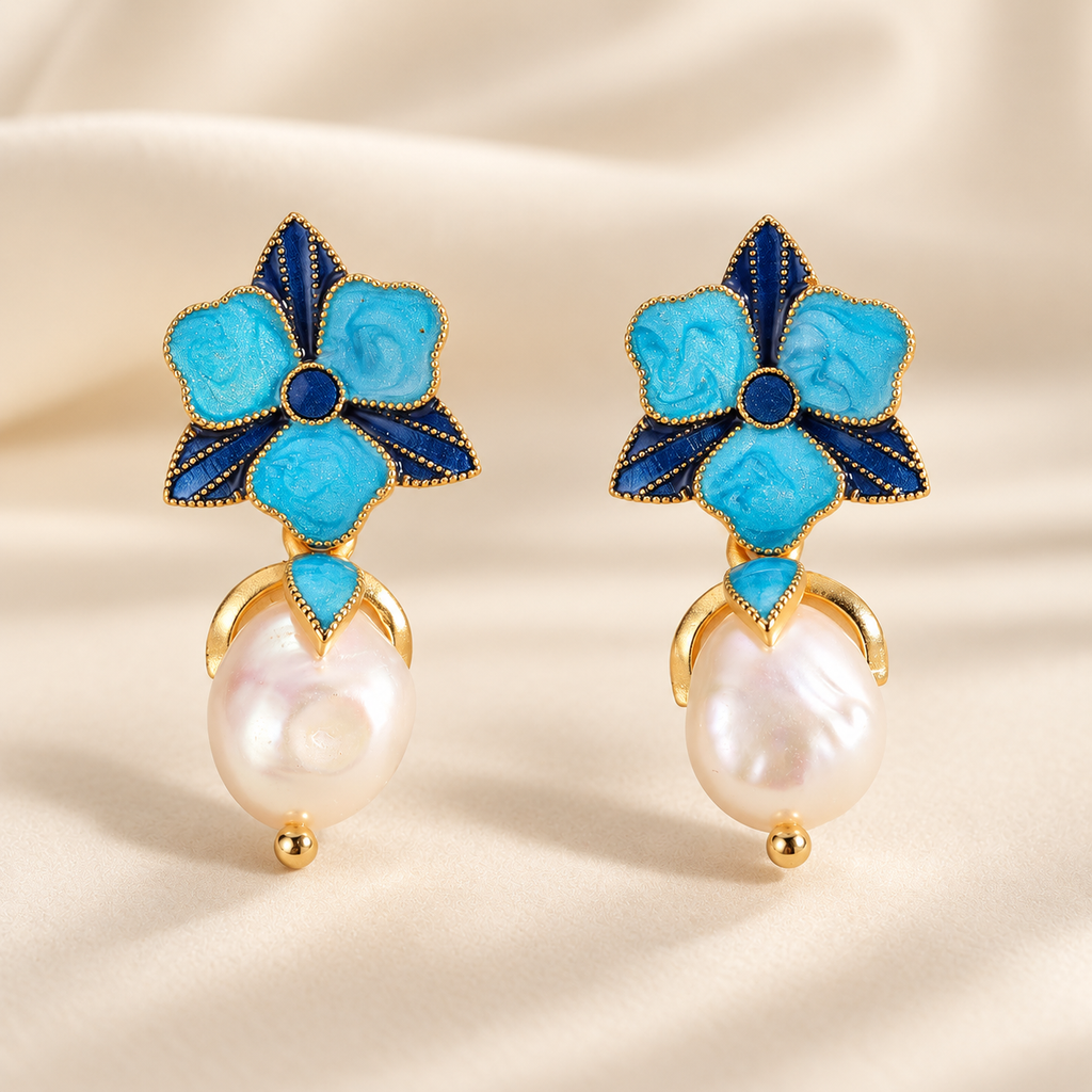 Elodie Blue Enamel Floral Pearl Drop Earrings
