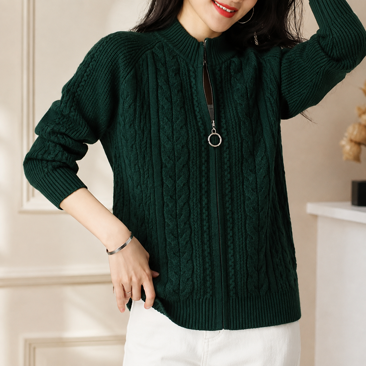 Amelia Women’s Cable Knit Zip-Up Turtleneck Cardigan