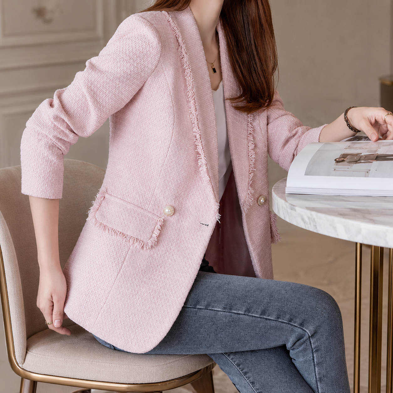 Genevieve Women’s Tweed Pearl Button Blazer