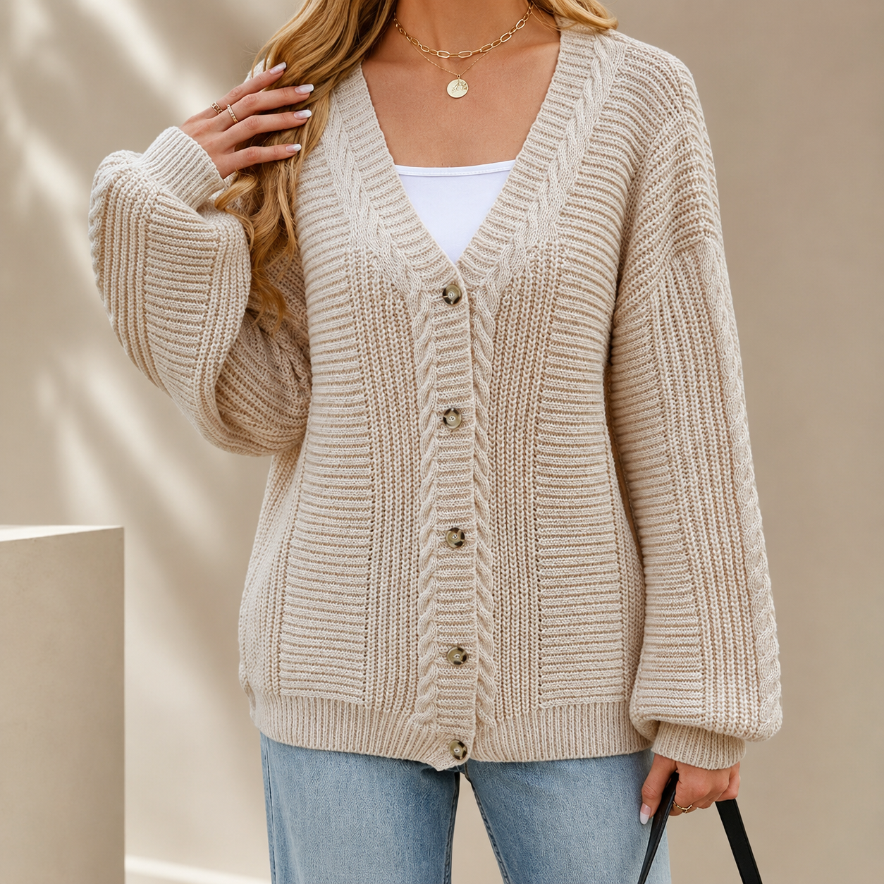Vivienne Women’s Cable Knit V-Neck Cardigan – Button-Front Sweater