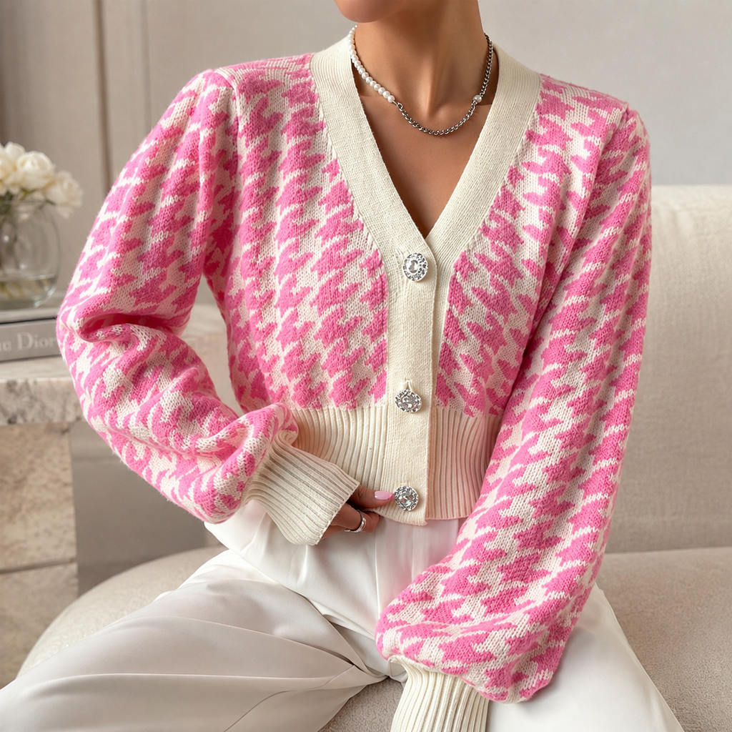Amelia Women’s Patterned Knit Button Cardigan – Cropped Soft Knit Sweater
