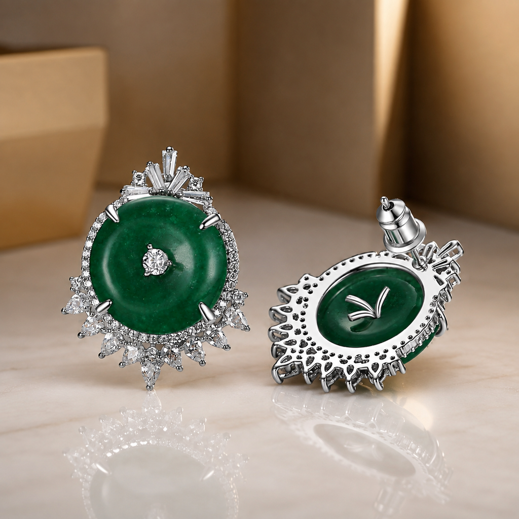 Camille Green Round Stone Jewelry Set with Silver-Tone Accents