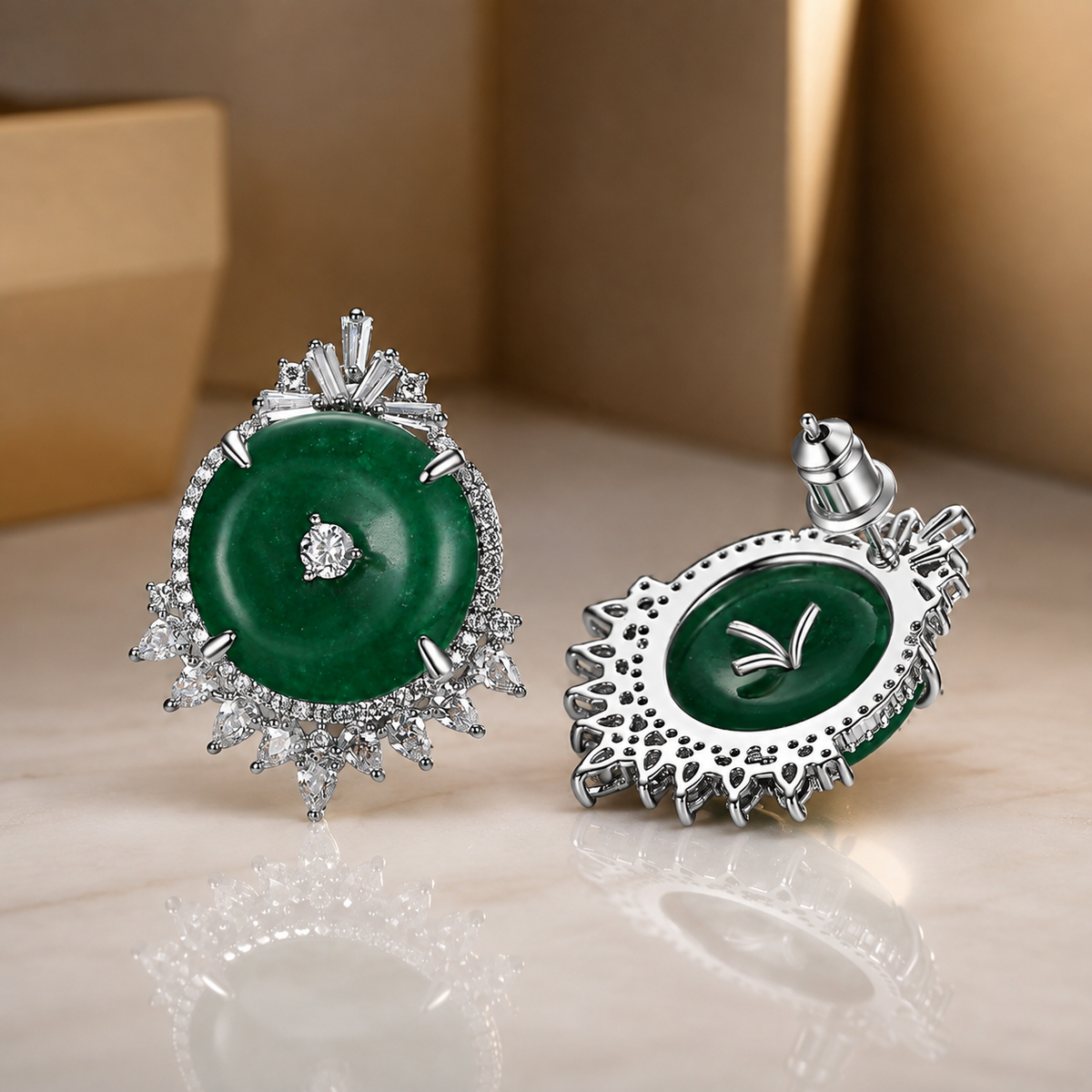 Camille Green Round Stone Jewelry Set with Silver-Tone Accents
