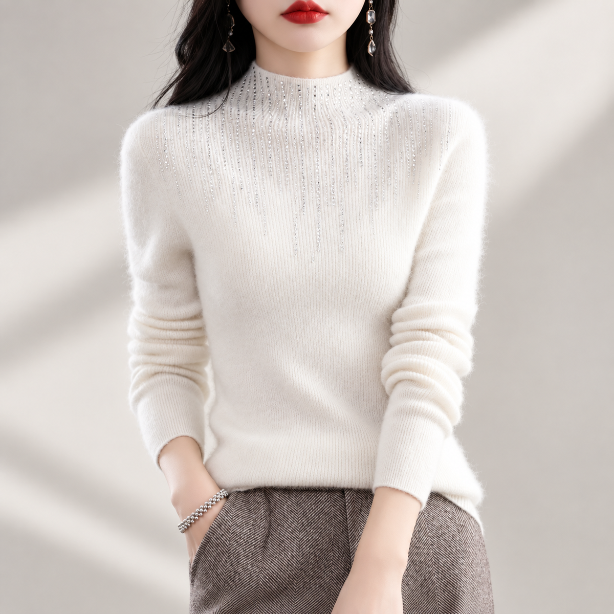 Valentina Women’s Mock Neck Rhinestone Knit Sweater – Long Sleeve Fitted Pullover