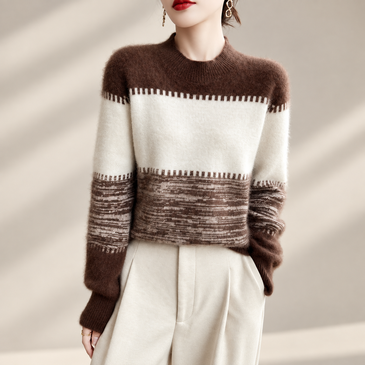 Evelyn Colorblock Knit Sweater – Women’s Crew Neck Long Sleeve Pullover