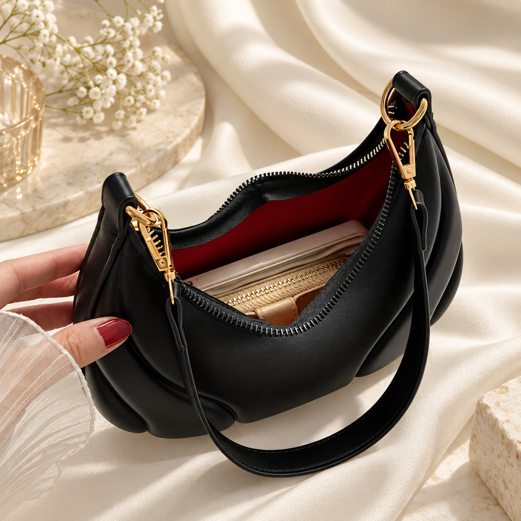 Margot Crescent Shoulder Bag with Sculpted Panel Design and Zip Closure