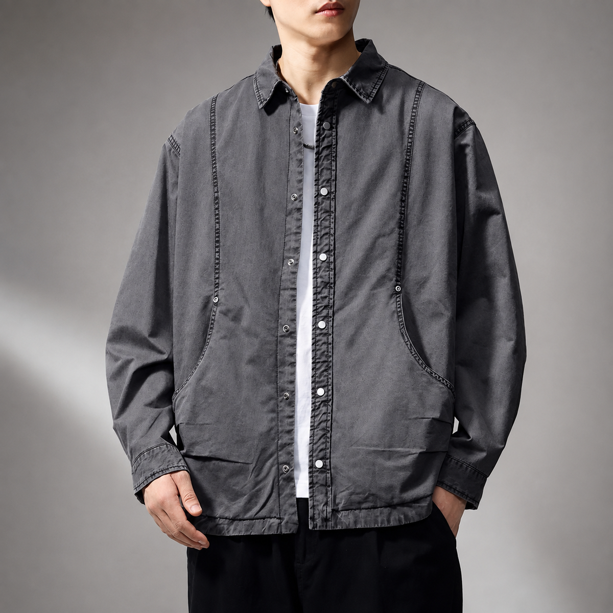 Everett Men’s Washed Utility Shirt Jacket – Snap Front Casual Overshirt with Side Pockets