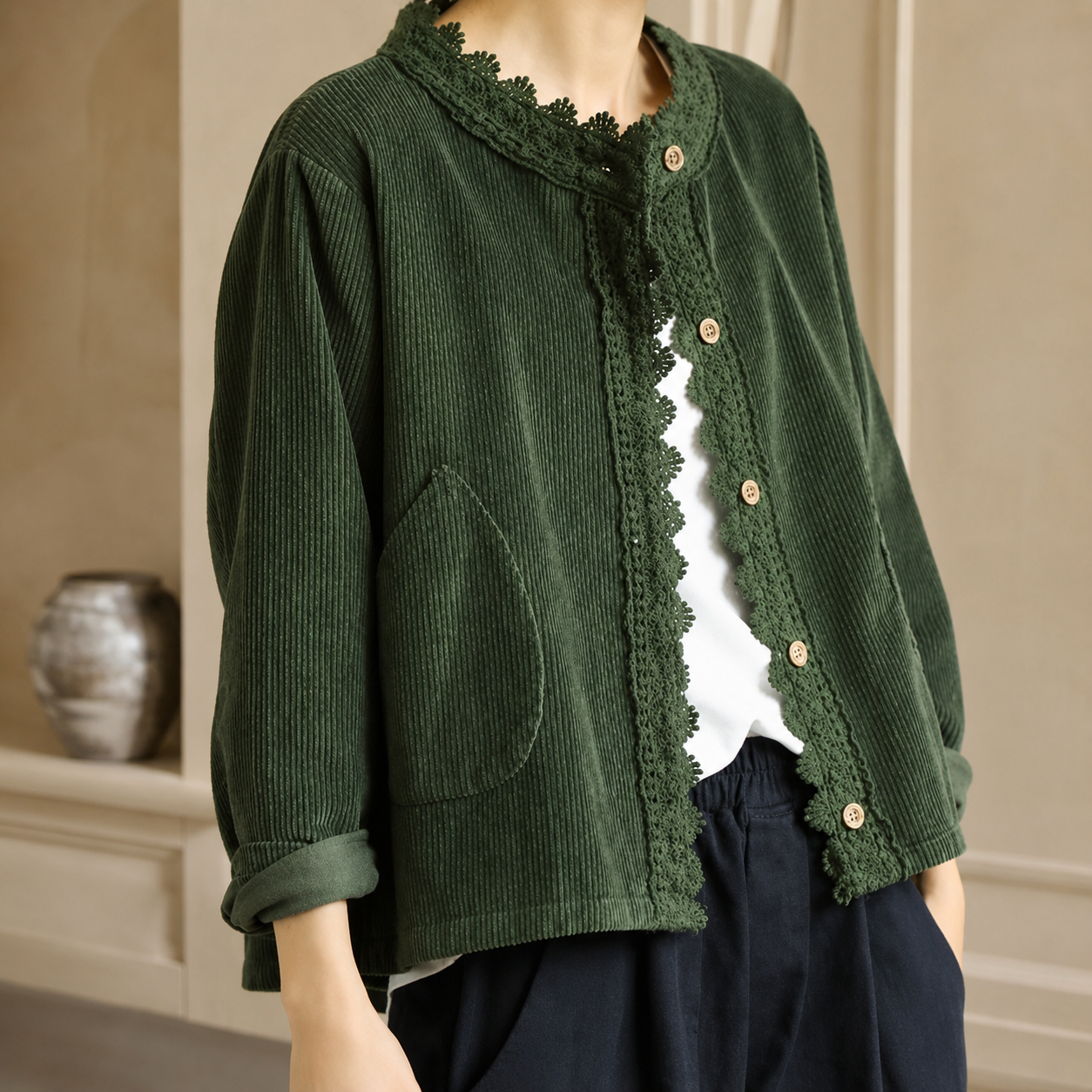 Camille Corduroy Lace-Trim Jacket