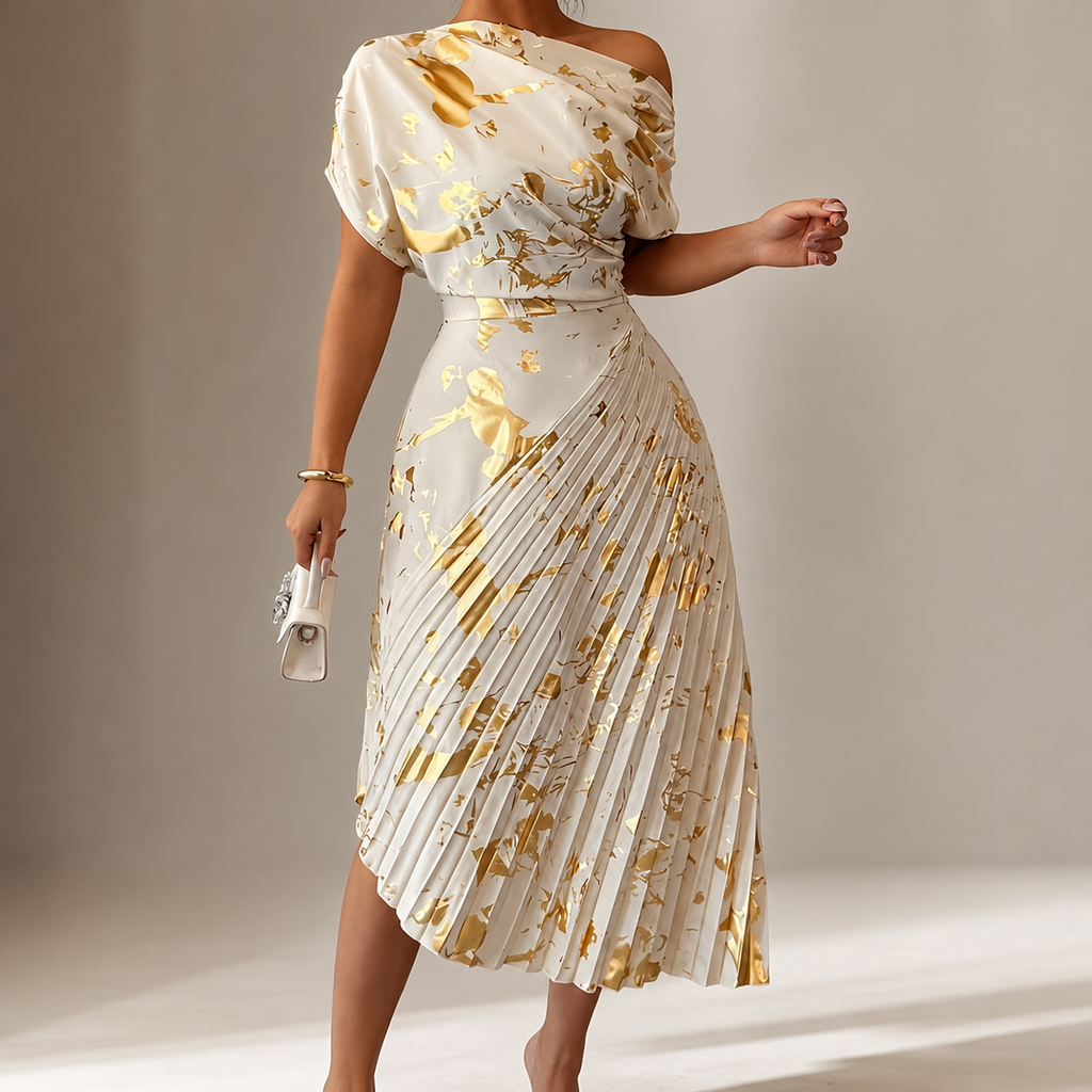 Natalie’s One-Shoulder Metallic Print Pleated Dress