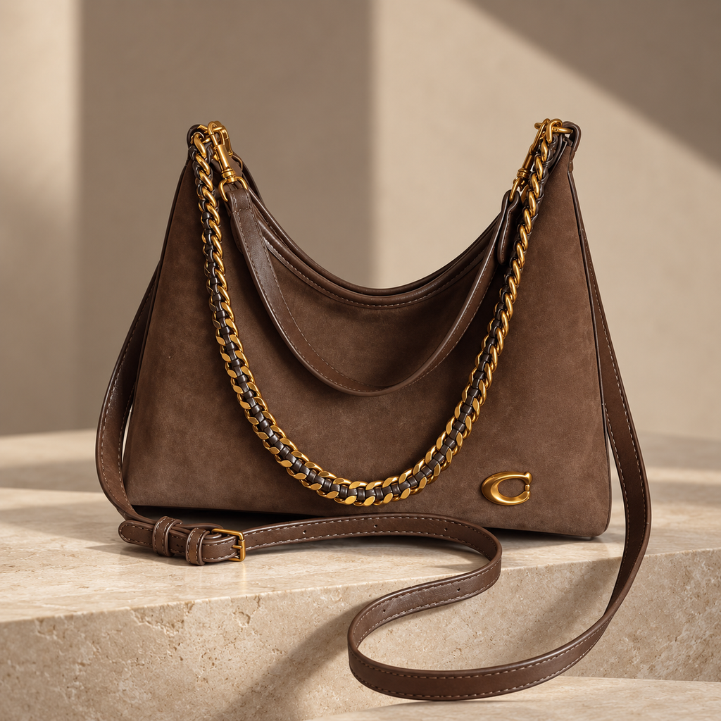 Lorenza Suede-Look Hobo Shoulder Bag with Chain Detail