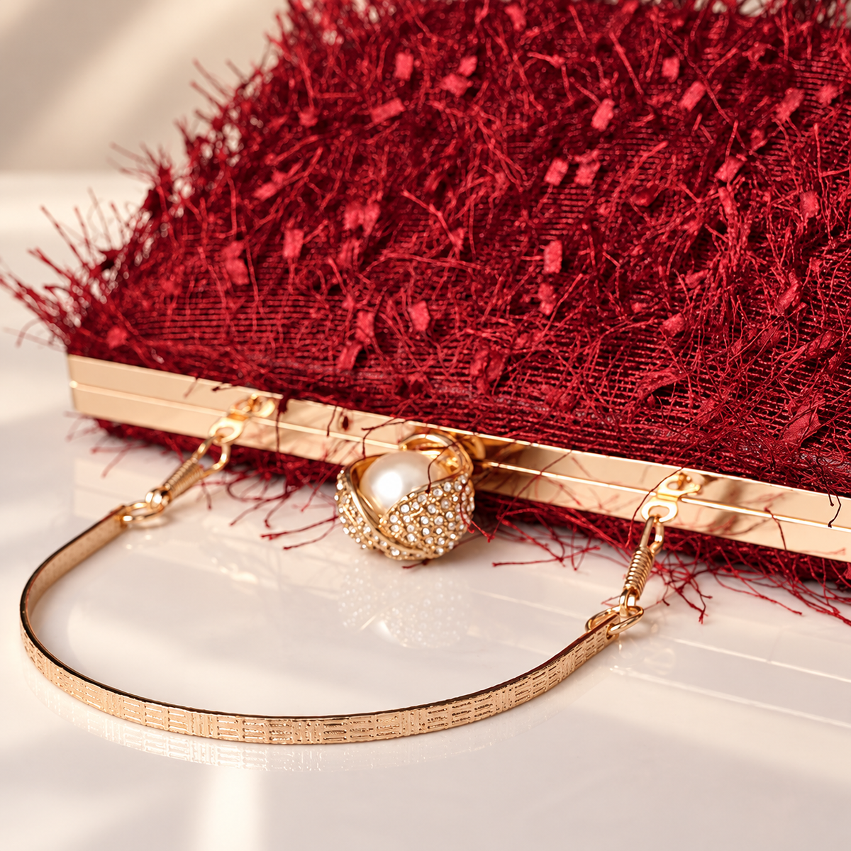 Vivienne Pearl Fringe Evening Clutch Bag with Gold Handle