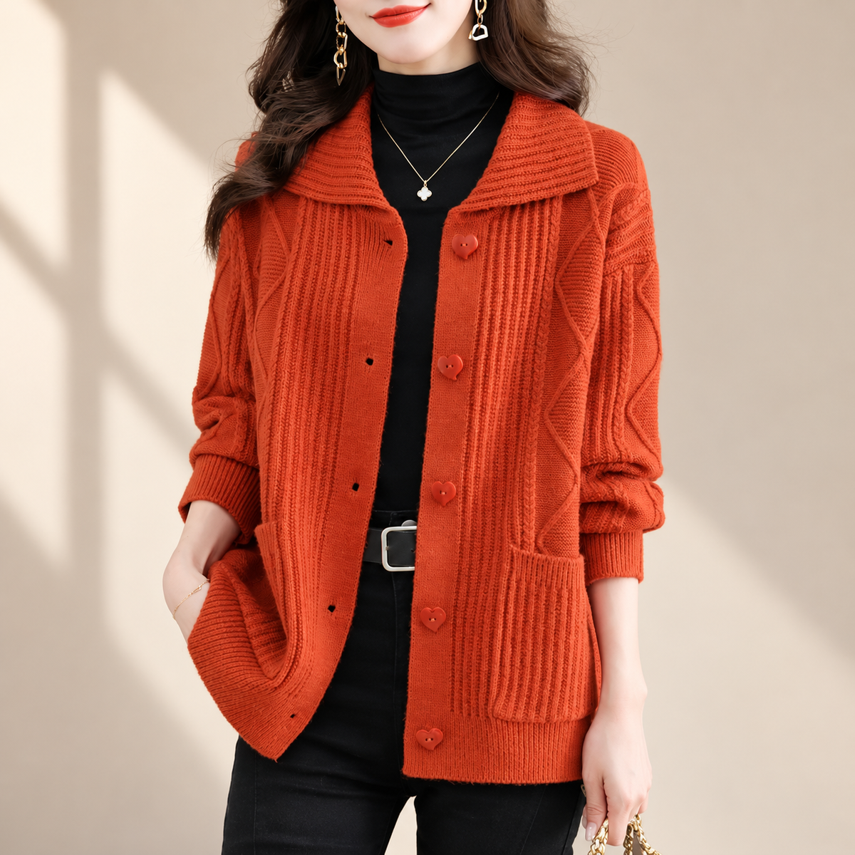 Beatrice Women’s Collared Knit Cardigan – Button Front Long Sleeve Sweater with Pockets