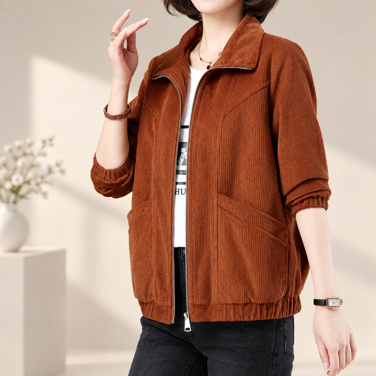 Bianca Women’s Textured Zip Front Jacket – Relaxed Fit Long Sleeve Casual Coat