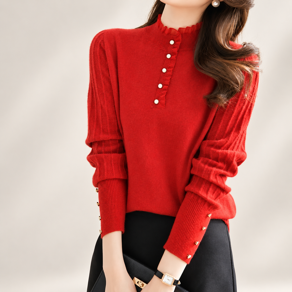 Vivienne Women's Ruffle Mock Neck Knit Sweater with Button Placket