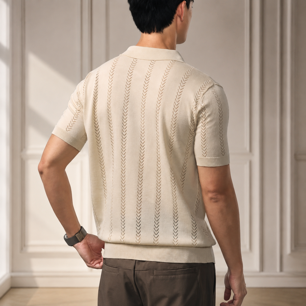Lucien Men’s Open-Collar Knit Polo Shirt – Short Sleeve Textured Pullover