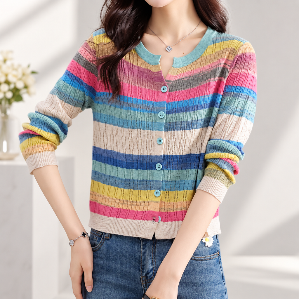 Evelina Women's Multicolor Striped Pointelle Knit Button-Front Cardigan