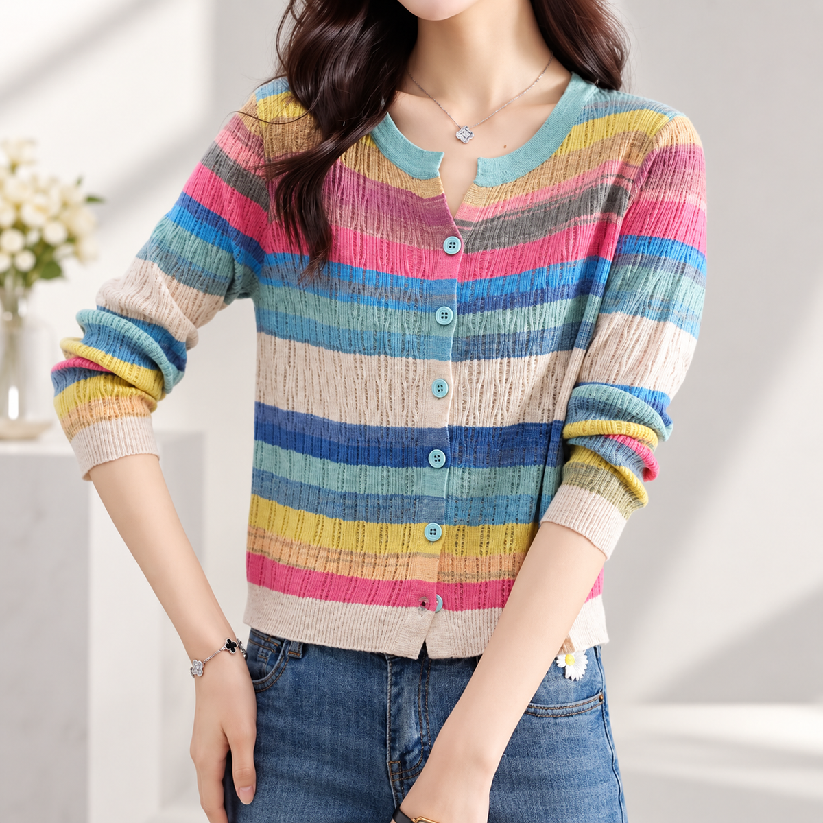 Evelina Women's Multicolor Striped Pointelle Knit Button-Front Cardigan