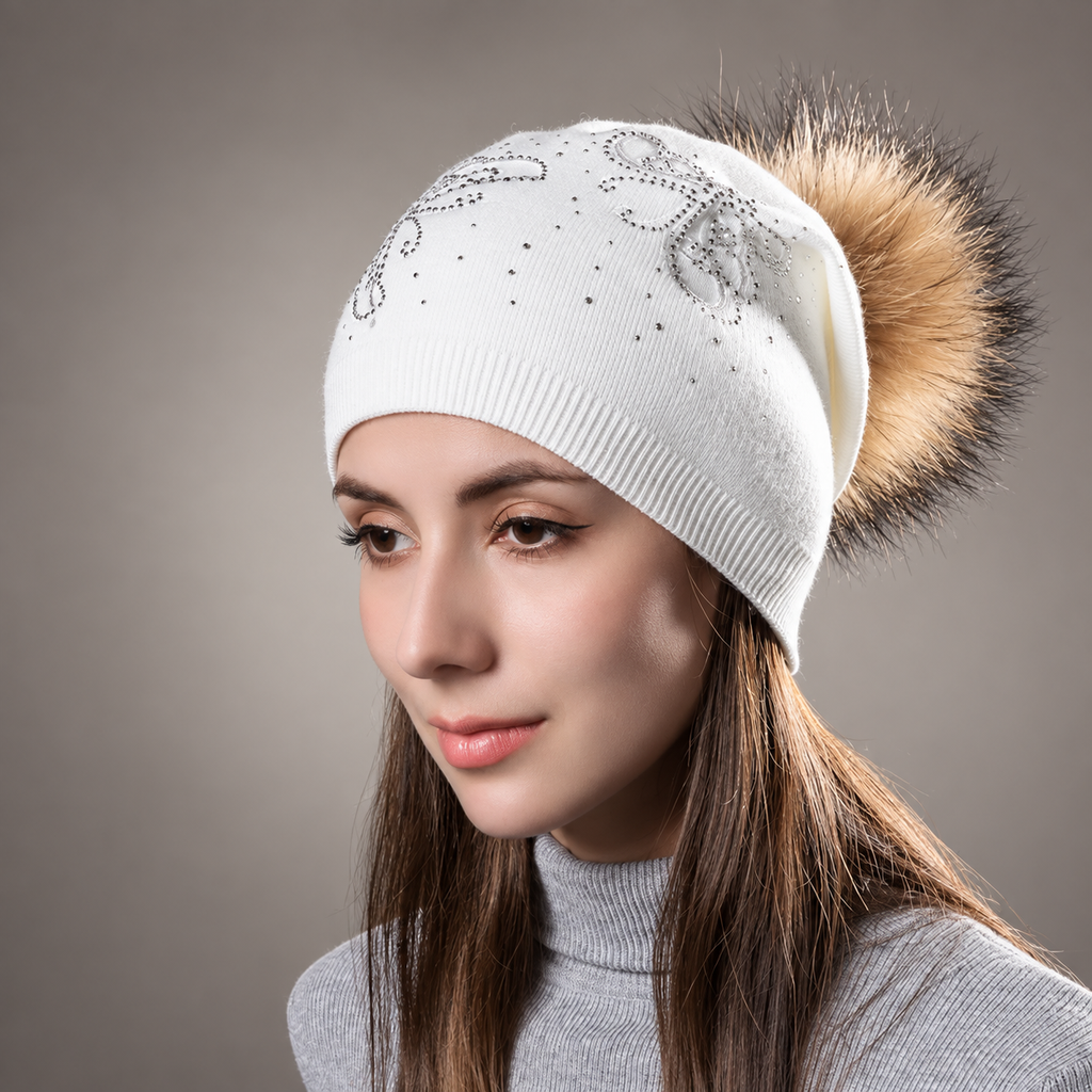 Celeste Women’s Embellished Knit Pom-Pom Beanie – Pearl & Rhinestone Winter Hat