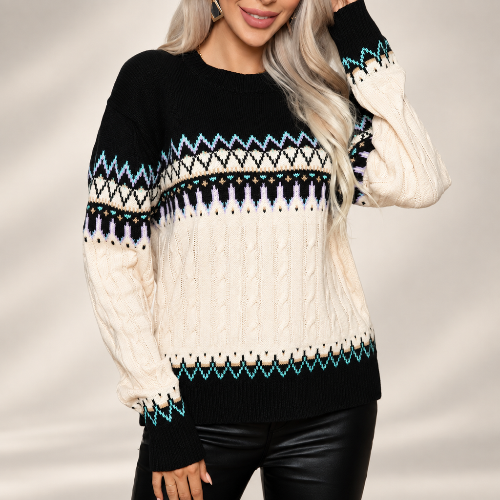 Beatrice Fair Isle Cable Knit Crew Neck Sweater