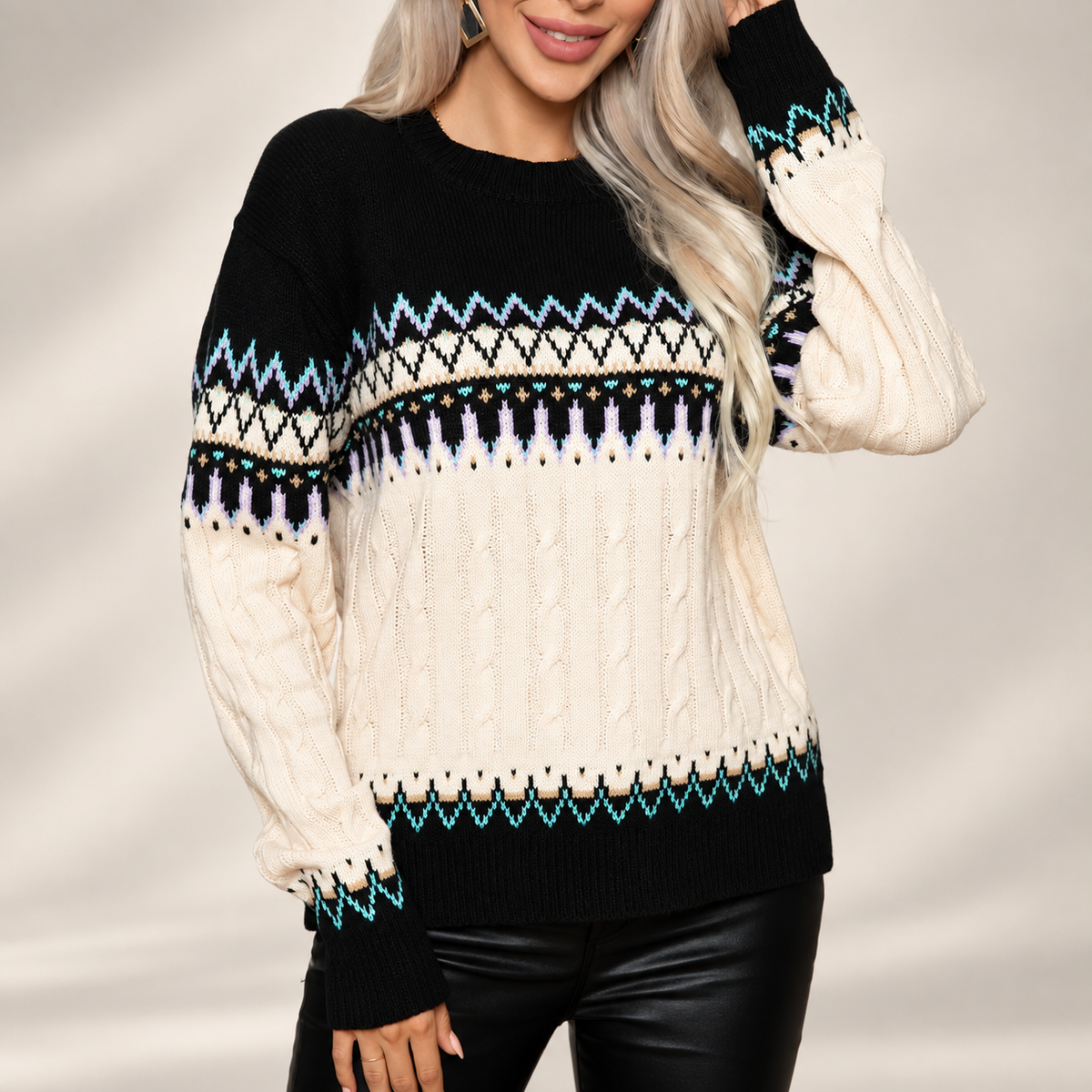 Beatrice Fair Isle Cable Knit Crew Neck Sweater
