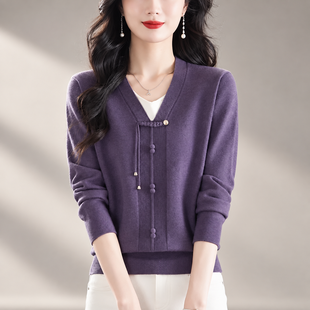 Alessia Women's V-Neck Knit Sweater with Decorative Tie Detail