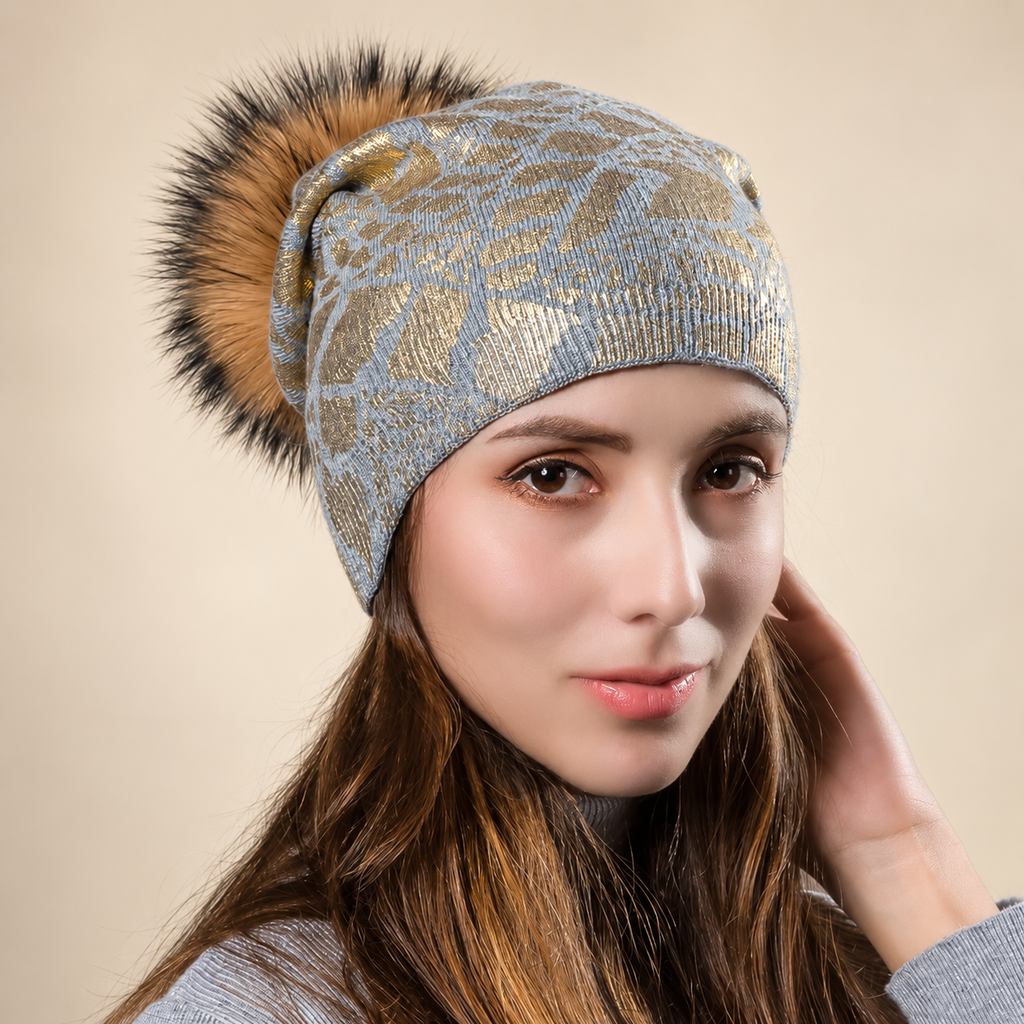 Alessia Women’s Metallic Animal Print Pom-Pom Beanie