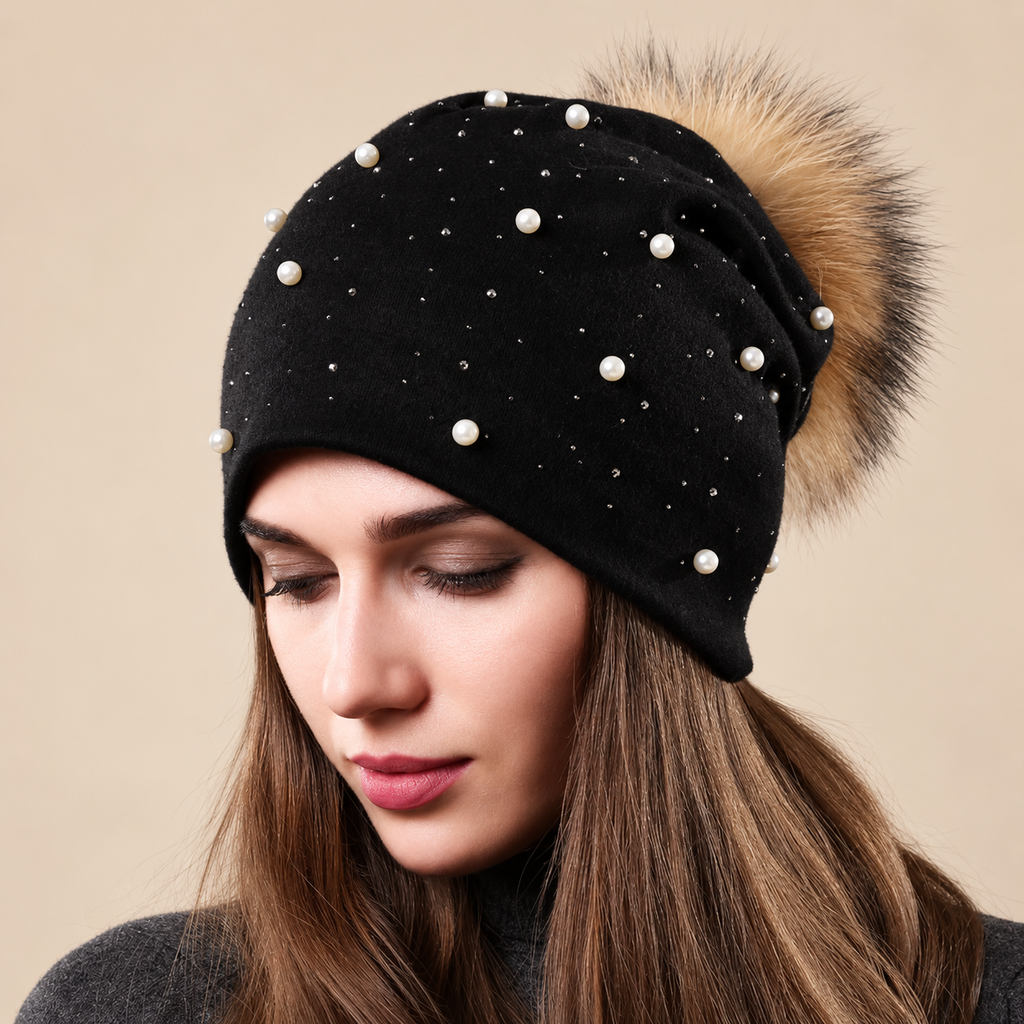 Serafina Women’s Pearl Embellished Slouchy Pom-Pom Beanie